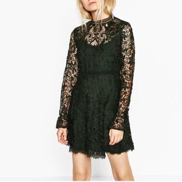 Zara | Dresses | Zara Women Guipure Lace Mini Dress Mock Neck Lined Long  Sleeve Green | Poshmark
